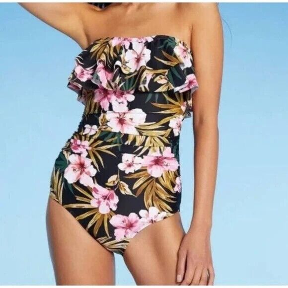 Kona Sol Strapless Double Flounce High Coverage One Piece Swimsuit (Size M) -NEW - Picture 1 of 6